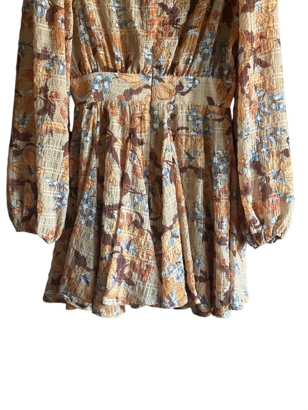 Flying Tomato Beige Floral V-Neck Puff Long Sleeve Mini Dress Zip Size Medium - Picture 10 of 12